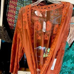 Steve Madden Orange Sheer Embroidered Women's Top